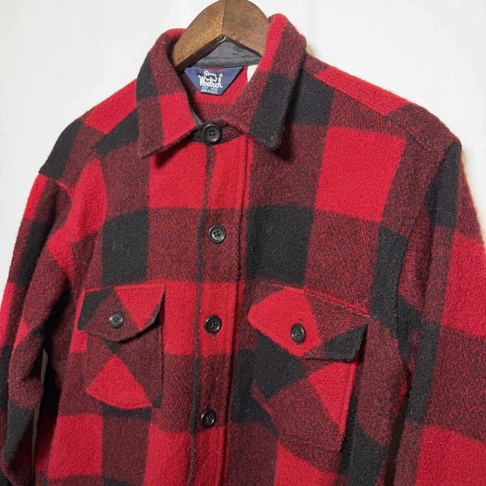 Vintage Woolrich Red Black Buffalo Plaid Wool Blend Shirt Jacket Made in USA L